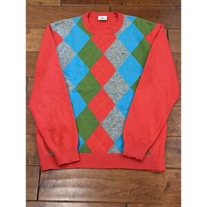 Lacoste Lambswool Argyle Knit Sweater Y2K Sz L Preppy Grandpa Orange Red Multi